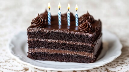 Chocolate Cake with Birthday Candles and Festive Decorations