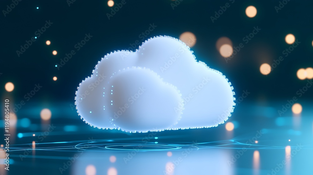 Poster digital cloud concept with glowing particles and a soft blue background for technology themes