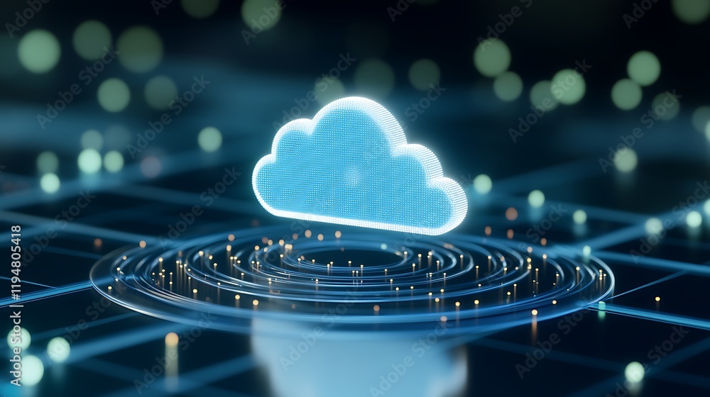 Poster digital cloud concept with glowing particles and circular waves on futuristic grid background