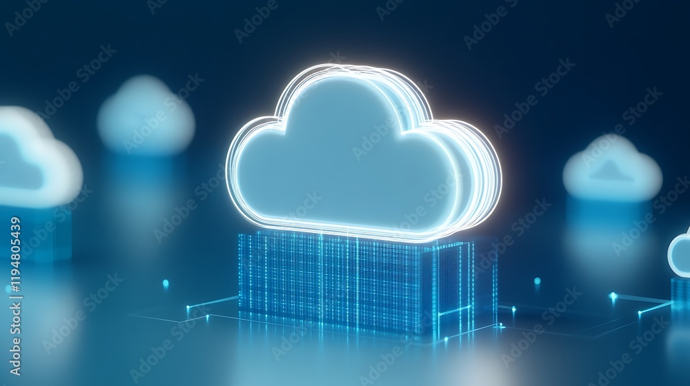 Poster digital cloud concept with neon lights and data connections representing modern technology and virtu