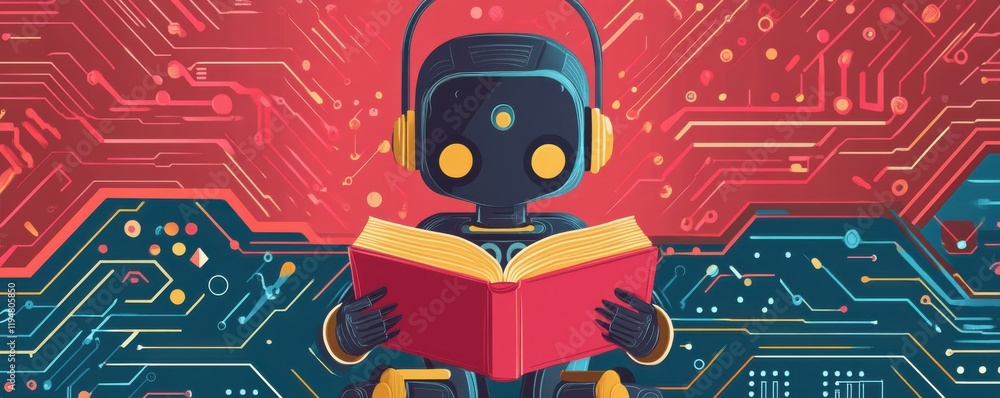 Poster adorable robot with headset reading a book on a vibrant digital circuit board background, symbolizin