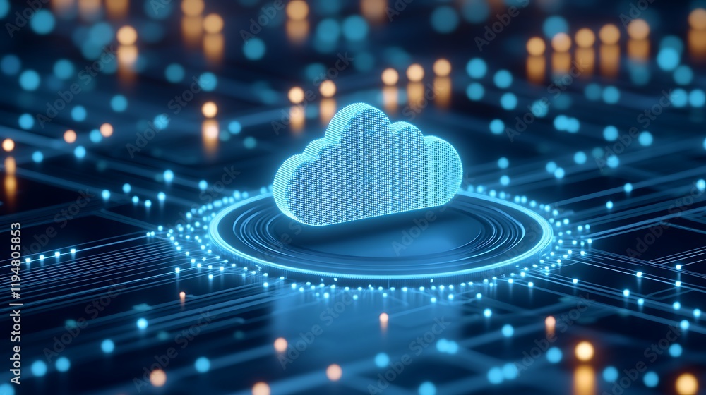 Poster digital cloud icon in a futuristic technology network illuminated by glowing lights and circuits in 