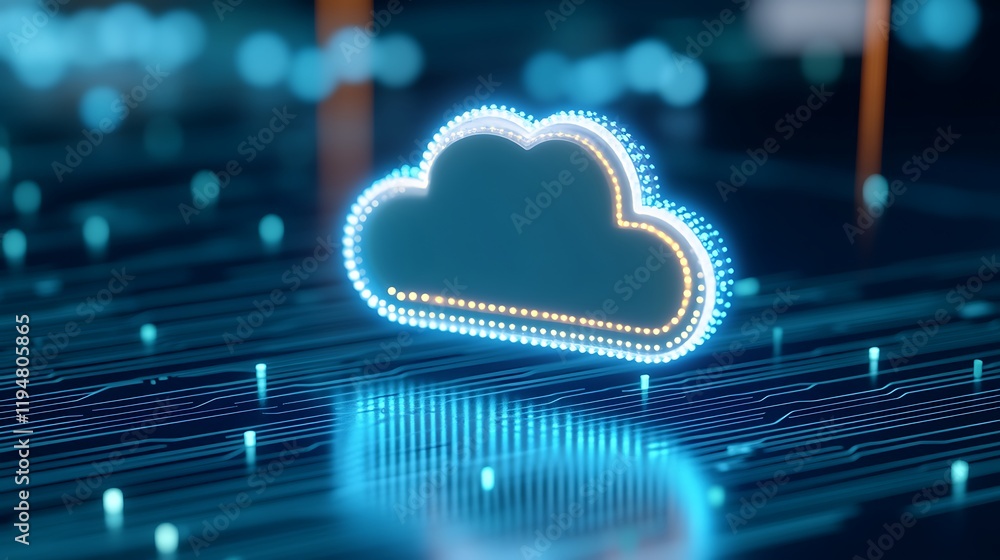 Poster digital cloud icon in futuristic network with neon lighting and data flow representing technology an