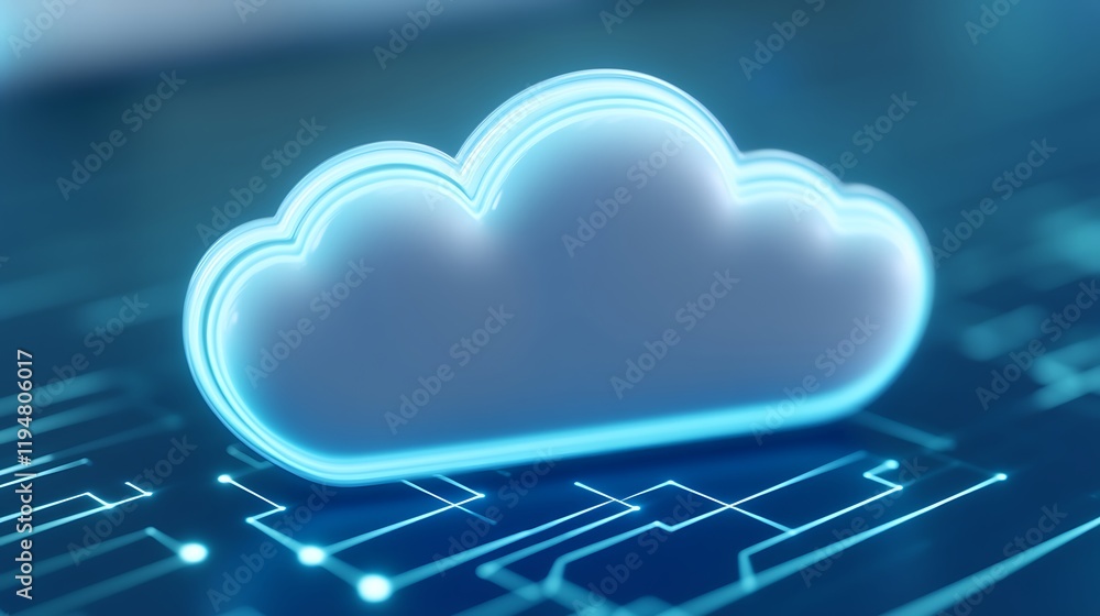 Poster digital cloud icon on a glowing circuit background representing modern technology and data storage s