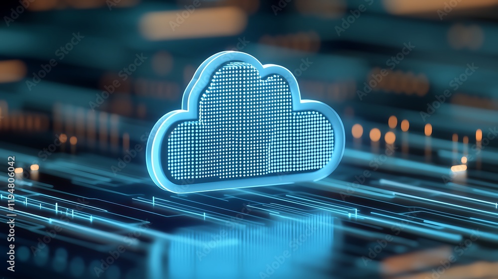 Poster digital cloud icon on abstract background with circuit lines and glowing dots representing cloud com