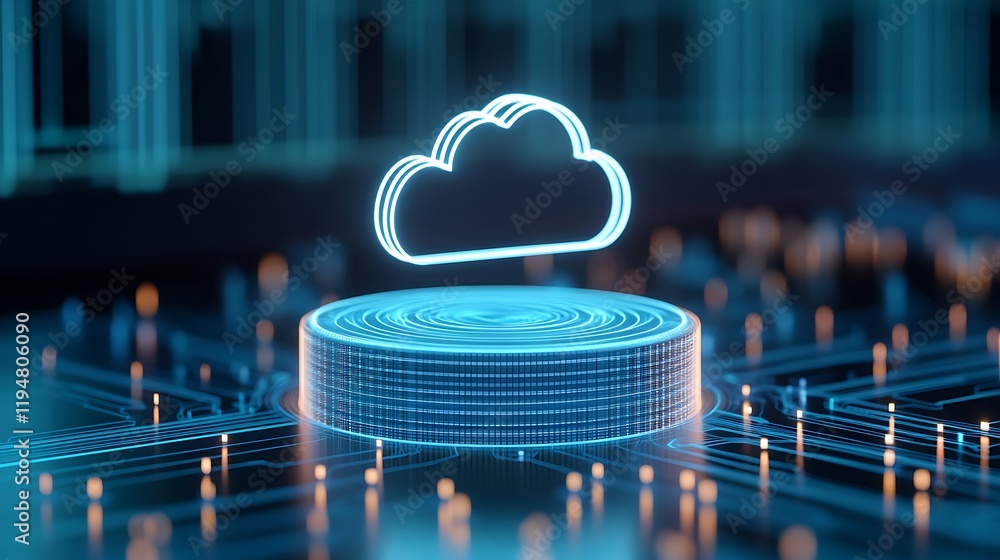 Poster digital cloud icon on abstract circuit board background representing data storage and technology con