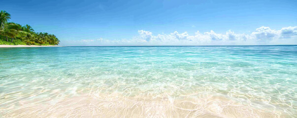 Fototapeta premium A serene tropical beach with clear water and sunny skies, perfect for relaxation.