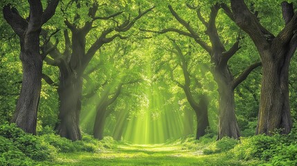 Naklejka premium Serene Sunlit Forest Path with Lush Green Foliage and Trees