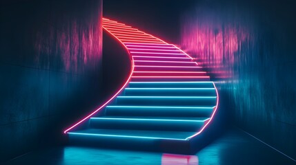 Bright neon lines forming a sleek, upward-spiraling staircase against a dark backdrop, embodying progress, innovation, and the climb to business success. 