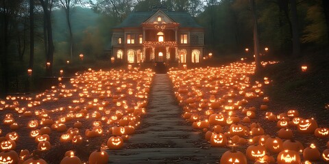 Obraz premium Lit Jack-o'-lanterns lead to spooky mansion.