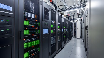 Engineers in a data center monitoring electricity storage systems and analyzing energy levels on multiple screens, optimizing energy storage for peak demand times. 