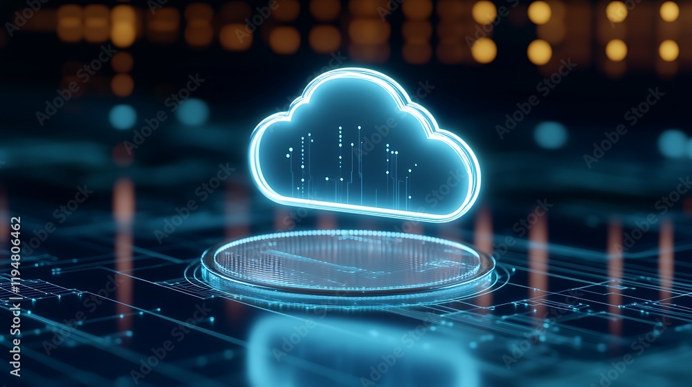 Poster digital cloud icon on circuit board background with glowing data streams and abstract technology ele