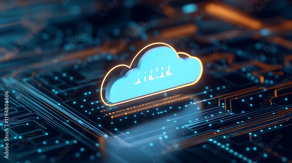 Aufkleber digital cloud icon on futuristic circuit board background with glowing data connections and neon eff