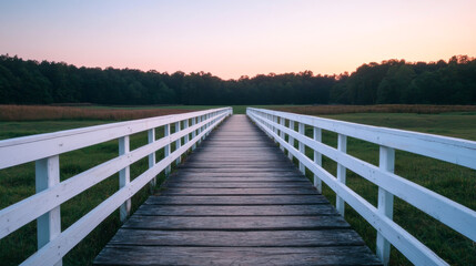 A serene wooden bridge leading into a sunset-lit landscape with green surroundings.