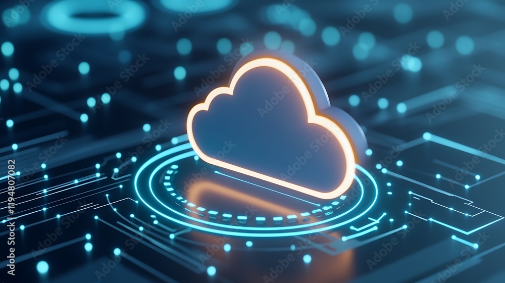 Poster digital cloud icon on technology background with blue neon circuits and glow effect for modern conce