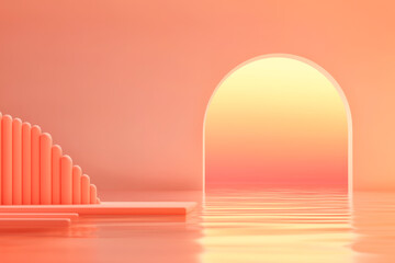 Fototapeta premium A serene, minimalistic scene of an archway glowing at sunset over a tranquil water surface.