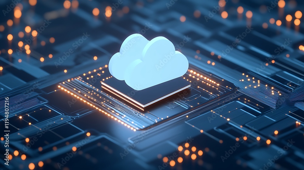 Poster digital cloud icon over circuit board background with glowing lights and technology elements
