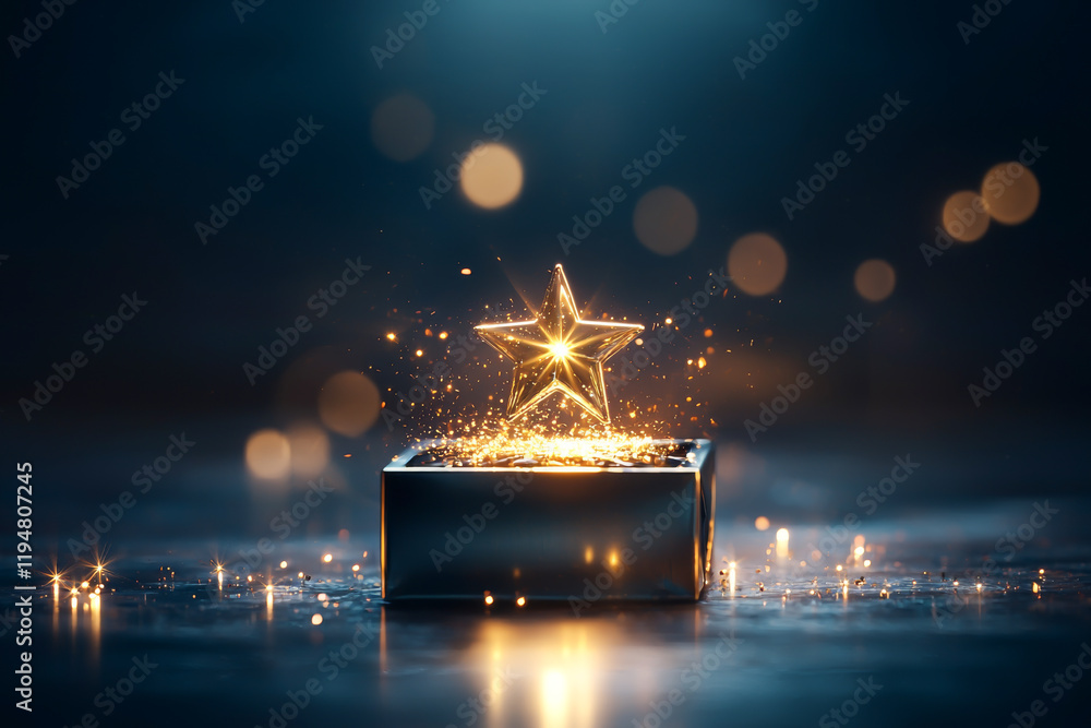 Poster a shining star on a pedestal illuminated by sparkles and soft bokeh lights.