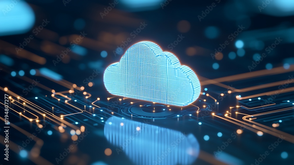 Poster digital cloud icon over circuit board background with glowing connections and data transmission elem