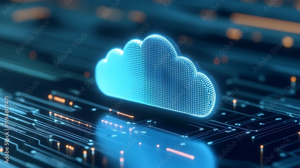 Poster digital cloud icon representing cloud computing technology with circuit background in neon blue colo