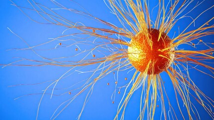 Obraz premium Abstract representation of a cell or virus with protruding filaments.