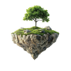 Floating Island with Tree Above Rocks and Grass Isolated on transparent background