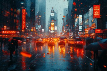 A busy city street with people holding on to hats, umbrellas turned inside out, and signs swaying in the strong wind. Generative AI