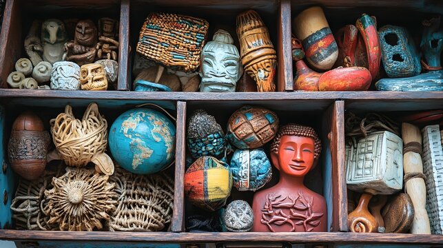 A close-up of a suitcase filled with souvenirs such as local artwork, woven textiles, and hand-carved items, representing diverse travel destinations around the world. 