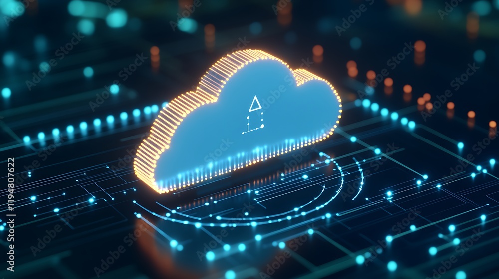 Poster digital cloud icon set against abstract futuristic background with neon lights and data connections