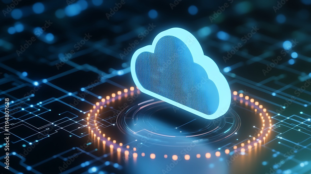 Poster digital cloud icon surrounded by a futuristic circuitry background for technology concepts