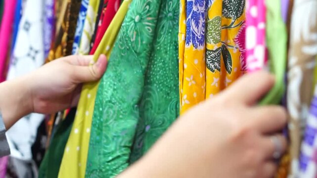 Video of a young woman choosing batik on batik store. Close up of hand of young women