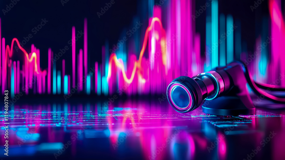 Poster cyberpunk lens captures digital data stream: futuristic tech abstract