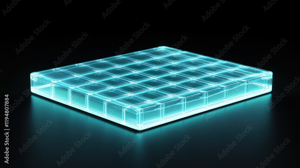 Poster illuminated transparent square object with grid pattern on dark background
