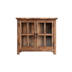 Rustic wooden cabinet with glass doors, perfect for storage and display. This stylish piece adds warmth and character to any room, Isolated on white background