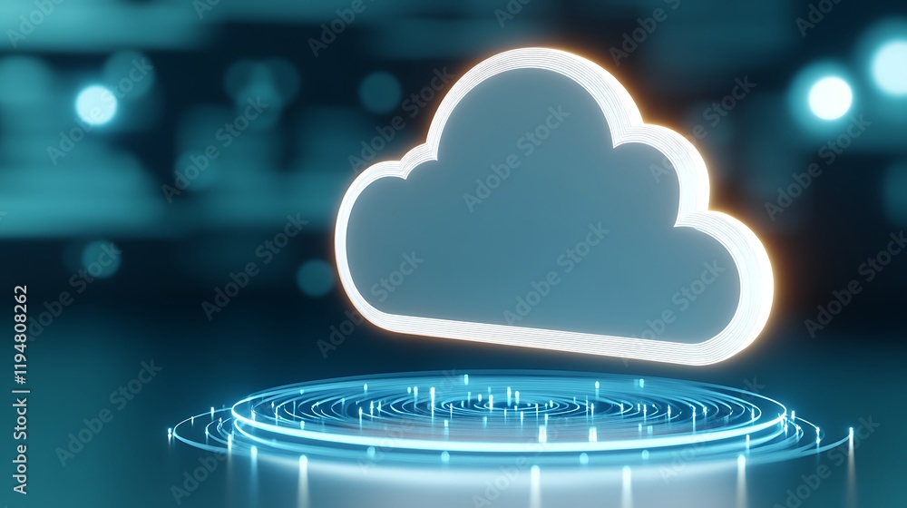 Poster digital cloud icon surrounded by glowing circles on a futuristic background with bokeh effect