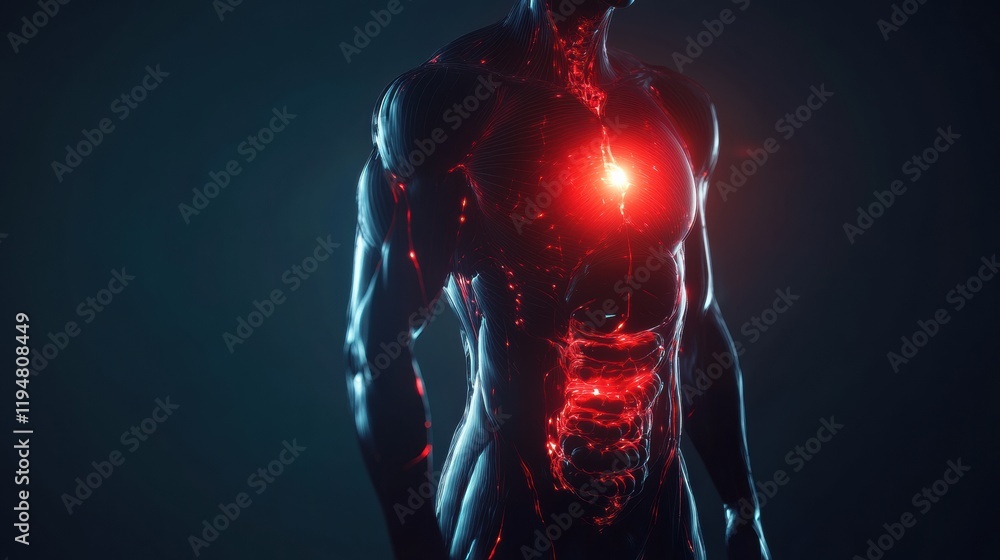 Aufkleber glowing human torso with vibrant red focal point in stomach area illuminated in dark environment. ge