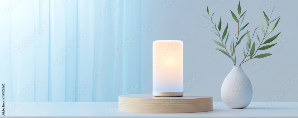 Poster a soft glow lamp and a vase with greenery create a serene and relaxing atmosphere.