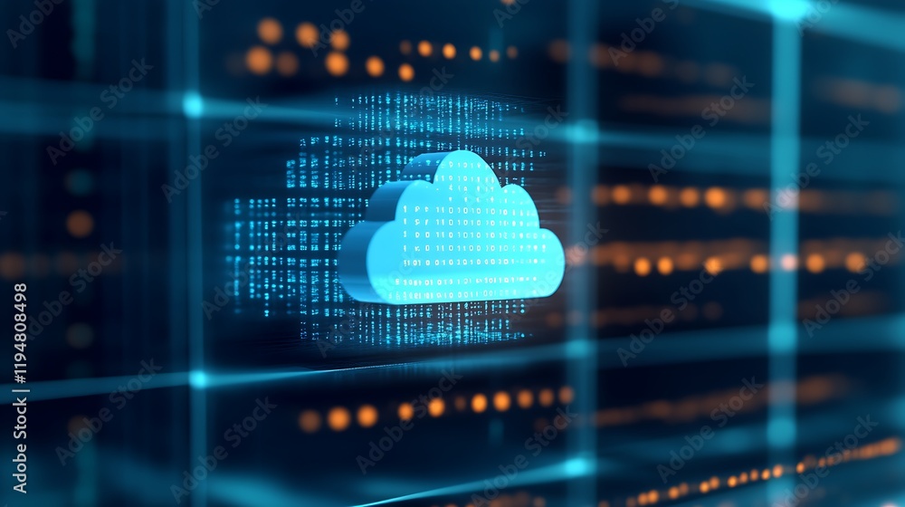 Aufkleber digital cloud icon surrounded by matrix data in blue and orange colors on a high-tech background