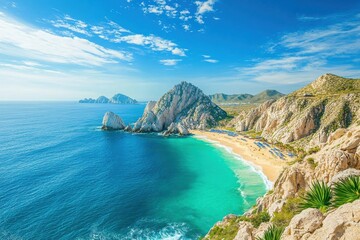 Fototapeta premium Breathtaking coastal view featuring turquoise waters and golden sands in mexico for travel enthusiasts and beach lovers