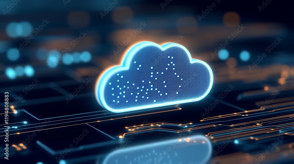 Aufkleber digital cloud icon with bright glow on circuit board background, concept of data storage and technol