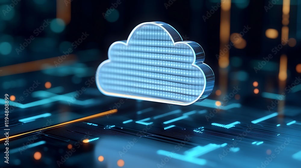 Poster digital cloud icon with bright lights and circuit patterns in a futuristic technology background