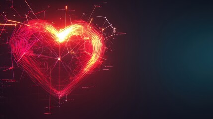 Glowing heart with abstract digital network concept on dark background