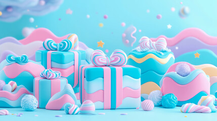 Obraz premium Pastel Presents: A Dreamy 3D Render of Gifts and Sweets