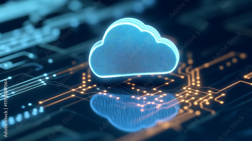Poster Digital Cloud Icon with Circuit Board Background for Technology and Networking Applications