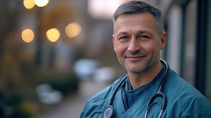 Fototapeta premium Confident doctor portrait, city street, evening