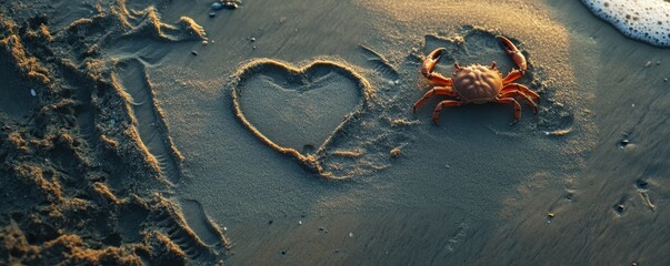 A heart shape drawn in the sand near a crabâ€™s tracks on the beach, 4k photo.
