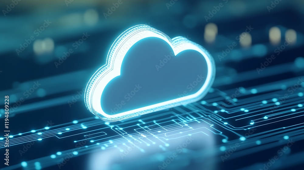Poster digital cloud icon with circuitry background representing cloud computing technology concepts