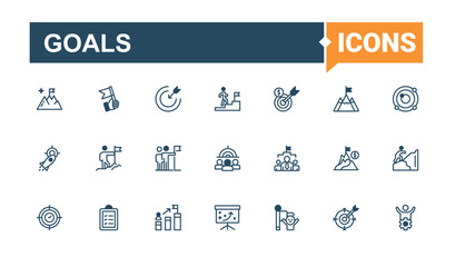 Goals icon set. Containing reward, mark, achievement, money, achieve, target, success and more. Minimal linear icons. Solid line editable stroke.