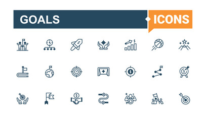 Goals icon set. Containing reward, mark, achievement, money, achieve, target, success and more. Minimal linear icons. Solid line editable stroke.