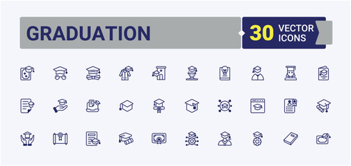 Graduation icon set. Contains such icons as education, master, knowledge, diploma, school, certificate, achievement, learning. Icons for UI. Vector line and solid icons.